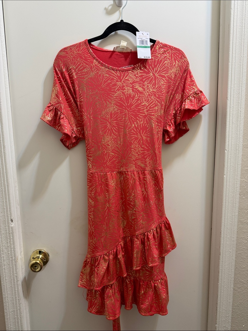 Women's orange n gold Metallic-Print Ruffle Mini Dress